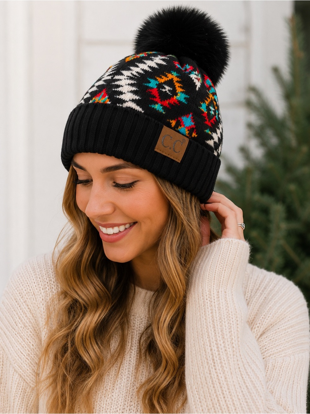 C.C. Aztec Pom Beanie Black Southwest Knit Winter Hat NWT One Size